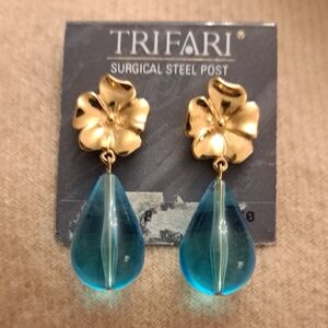 Trifari  Dangle Earrings With Lucite Turquois Color Tear Drops 2 Inches